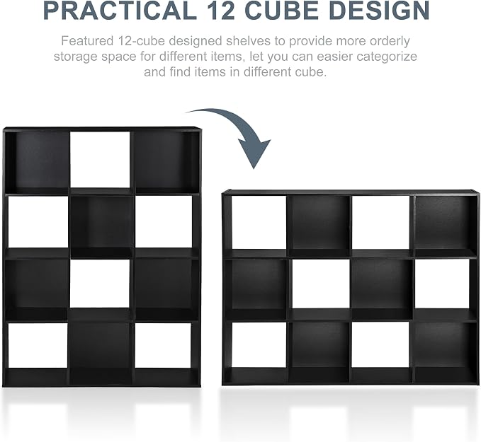 SUPER DEAL 12 Cube Storage Organizer, Open Shelf Bookcase, Wood Cubical Shelves Closet Cabinet Display Unit with 6 Removable Back Panels for Living Room Bedroom, 47 inch Wide, Black