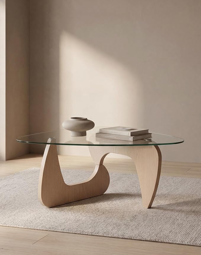 Glass Coffee Table for Living Room, 35.82" Small Triangle Coffee Table with Clear Glass Top and Sculptural MDF Wood Base, Mid Century Modern Center Table for Apartment, Sofa, Small Space
