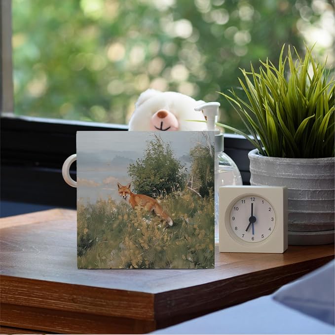 Forest Fox Wooden Box Sign Desk Decor, Gifts for Fox Lovers, Cottagecore Rustic Wild Animal Wood Signs for Home Living Room Office Desk Table Shelf Decorations, 5x5 Inch