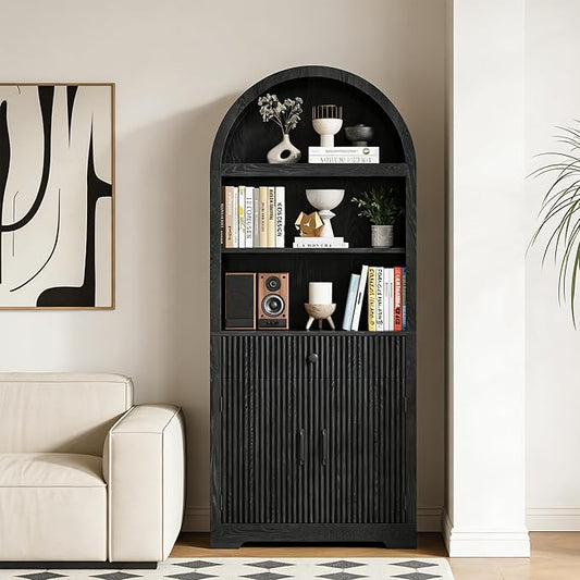 Farmhouse Arched Bookshelf, Mid-Century Modern 5-Tier Curved Cabinet with Door, Wooden Bathroom Storage Cabinet, Kitchen Pantry Cabinet for Living Room, Kitchen，Home Office, Black