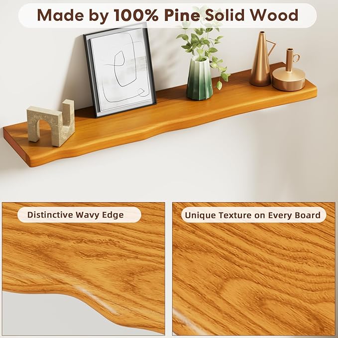 Floating Shelves for Wall Rustic Farmhouse 36 Inch Floating Shelf Bathroom Wooden Shelves for Wall Mounted Live Edge Pine Shelf with Unique Natural Grain for Bedroom Kitchen (Honey Walnut)