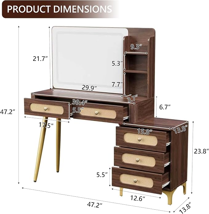 47" Vintage Makeup Vanity Table with Mirror & Lights Dark Walnut Vanity Desk with 3-Color Dimming Light 5 Drawers 3 Open Shelves Mid-Century Modern Vanity with Rattan Decor & Metal Legs
