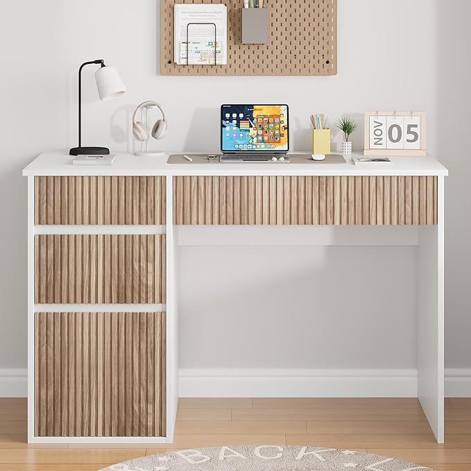 4 EVER WINNER White Desk with Drawers, 48 Inch Computer Desk with Hidden Handle and Storage Cabinet, Writing Desk with Drawers for Home Office Study Table, White and Walnut
