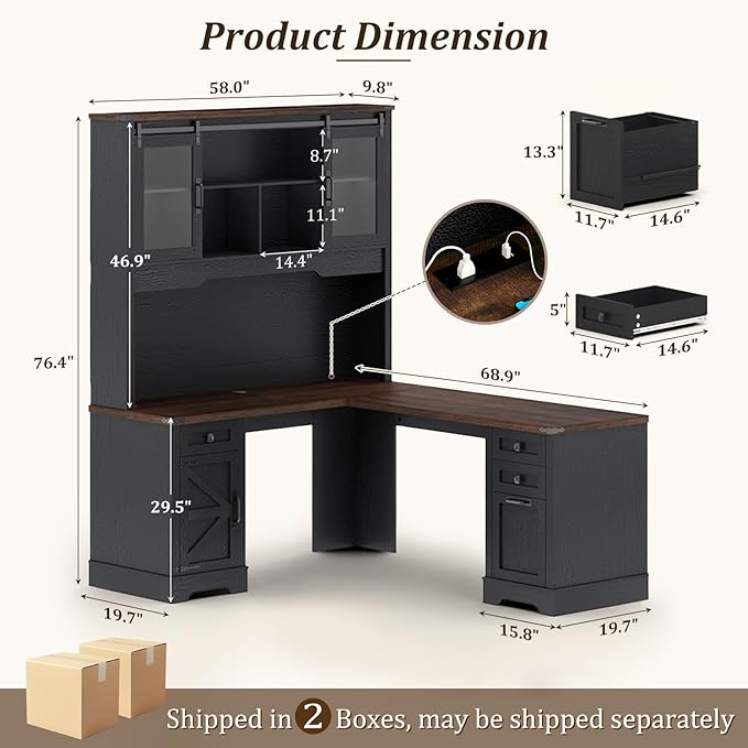 Squireewo 68.9'' Farmhouse L Shaped Desk with Hutch and Drawers, 76" High Wood Executive Home Office Desk with Charging Station, File Drawer and Cabinet, Computer Corner Desk with Sliding Doors, Black