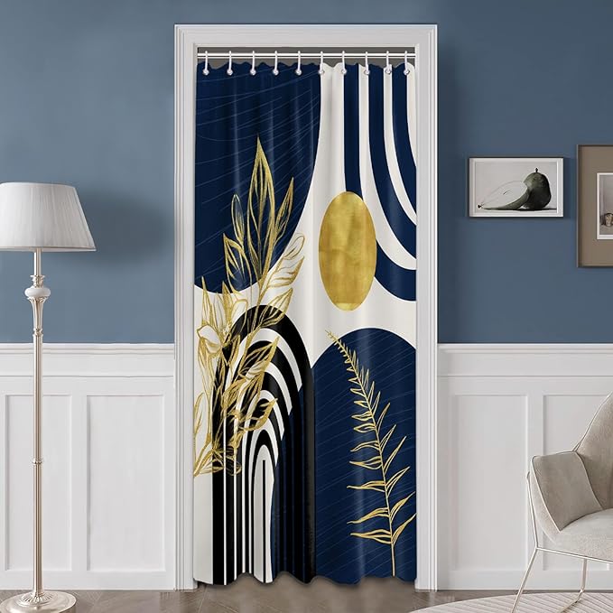 Mid Century Modern Navy Blue Shower Curtain Boho Dark Blue and Gold Leaves Shower Curtains for Mens Bathroom Decor Sets, Waterproof Cloth Fabric with Hooks, 48x72in