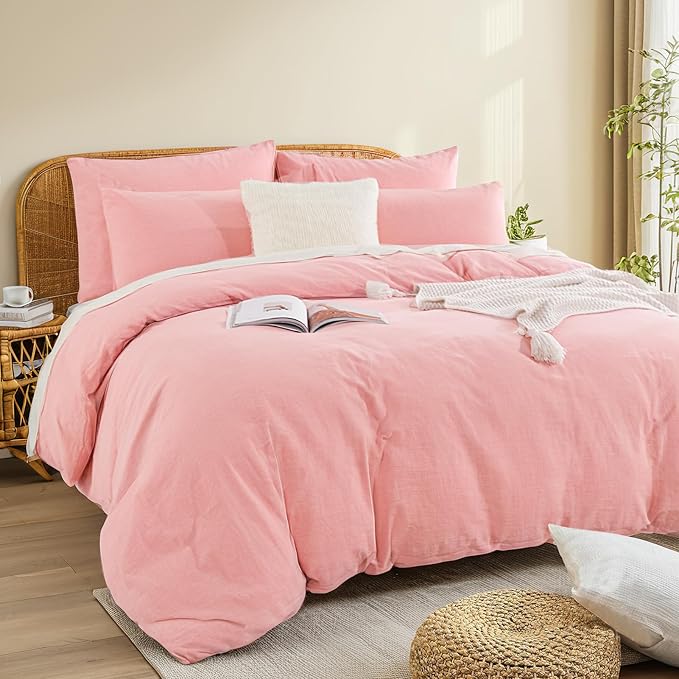 NEXHOME PRO Duvet Cover Full 100% Washed Cotton, Organic Natural Linen Like Textured, Breathable, Durable, Home Bedding Set, Heathered Pink 8090