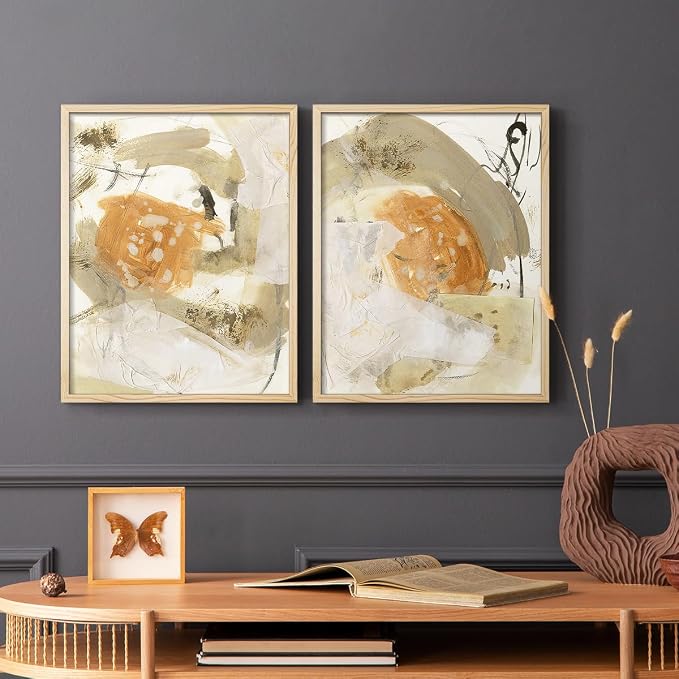 Renditions Gallery Set of 2 Peel & Stick Framed Prints, Neutral Abstract Wall Art, Earthy Tones Blended Brushstrokes Wall Decor, Re-Stickable - Ready to Hang - 16"x20" - NATURAL WOOD Frame LT588