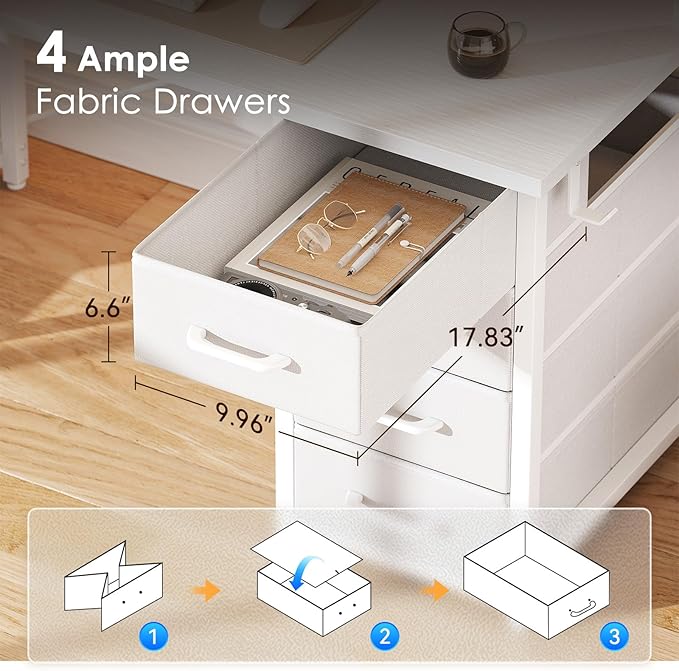 ODK 55 Inch Computer Desk with 4 Drawers, Office Desk with Power Outlets, Printer Shelf & Storage Shelves, Large Writing Study Table for Home, Bedroom, Study or Gaming Setup, White