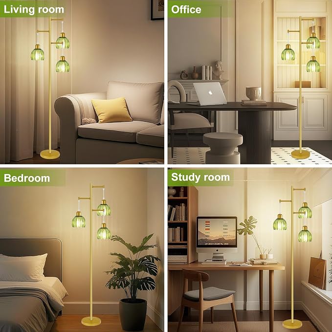 3 Light Flower Floor Lamps for Living Room,Modern Tree Floor Lamp with Foot Switch,Gold Floor Lamp with Glass Shade Vintage,Retro Standing Lamp Includes 3 Bulbs,Boho Tall Lamp for Bedroom Deco