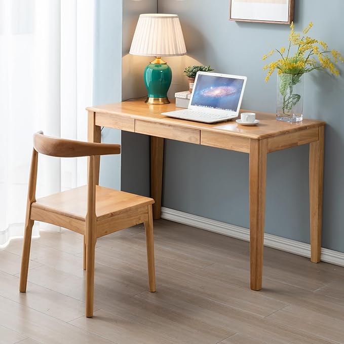 Solid Wood Desk with Drawer, Wooden Home Office Desk for Work, Student Computer Desk for Small Spaces, Gaming Study PC Desk for Bedroom, Easy to Assemble (Teak Color 39 inch)