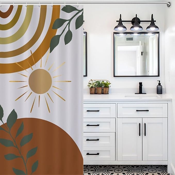Mid Century Shower Curtain,Boho Modern Abstract Minimalist Gold Sun Bathroom Curtain Polyester Waterproof Fabric Decor 66x72in（168x183cm）