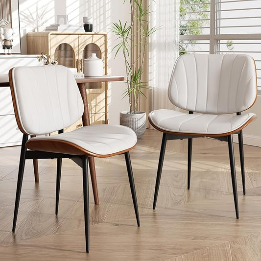 Dining Chairs Set of 2, Mid Century Modern Dining Room Chair, Upholstered Faux Leather Kitchen Chairs with Walnut Bentwood Back and Metal Legs for Kitchen Dining Room Living Room, White