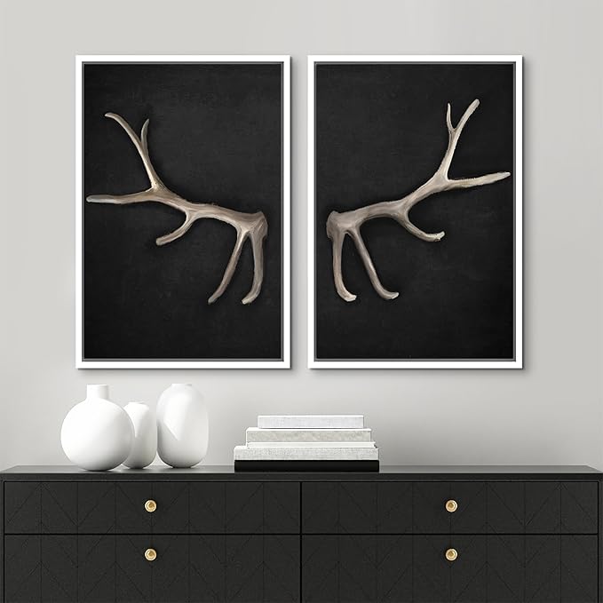 MUDECOR Framed Canvas Print Wall Art Rustic Antler Minimalist Antler Illustrations Modern Art Decorative Bohemian Colorful Chic for Living Room, Bedroom, Office - 24"x36"x2 White