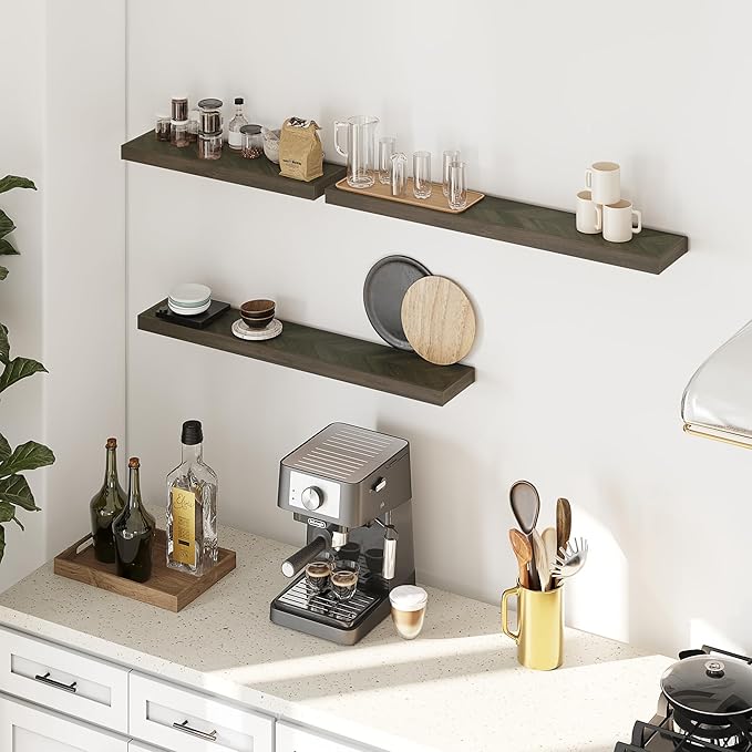 24" Acacia Chevron Floating Shelves Set of 2 - Wall Mounted Wooden Shelf for Stylish Home Décor - Mocha Color - 24x6.7x1.5 Inches