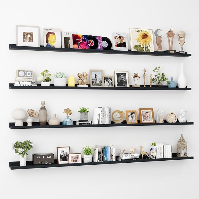 Axeman 72 Inch Floating Shelves | Black Picture Ledge Shelf Set of 4 | Rustic Wood Wall Shelves with Lip | 72" Black Picture Shelves for Wall with Ledge | Photo Shelves