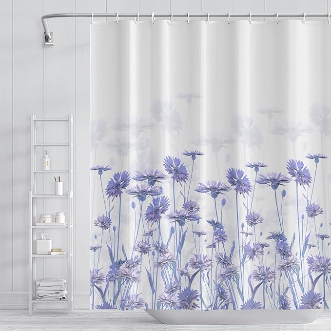 Purple Flower Shower Curtain for Bathroom Spring Floral Nature Wild Botanical Shower Curtain Waterproof Polyester Fabric Modern Art Aesthetics Home Decor Bath Curtain with Hooks, 36x72 Inch
