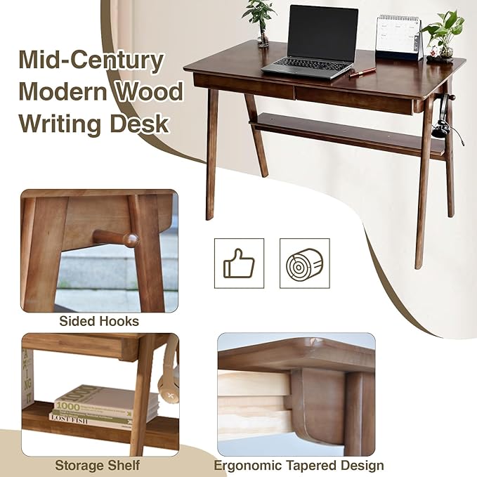Mid-Century 47" Desk Solid Wood Writing Desk with 2 Drawers and Lower Shelf, Home Office Table for Study or Work or Dining with 2 Hanging Rod, Walnut