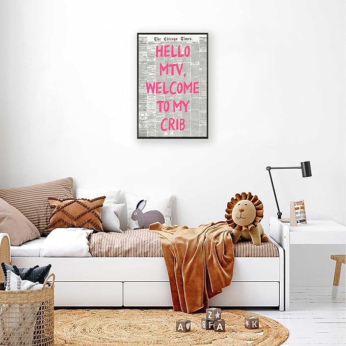 Retro Hello Mtv Welcome To My Crib Posters Pink Font Newspaper Canvas Wall Art Positive Affirming 70'S Room Aesthetic Prints Painting For Home Bedroom Dorm Wall Decor 16x24in Framed