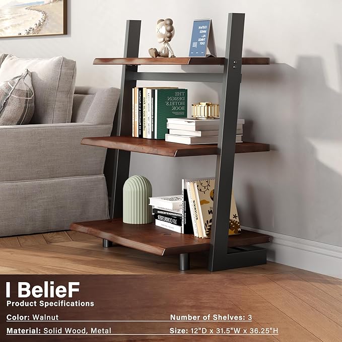IBF 3-Tier Solid Wood Ladder Bookshelf with Natural Live Edge, Rustic Walnut Storage & Display Leaning Bookcase, Modern Space-Saving Shelf for Living Room, Bedroom, Home Office