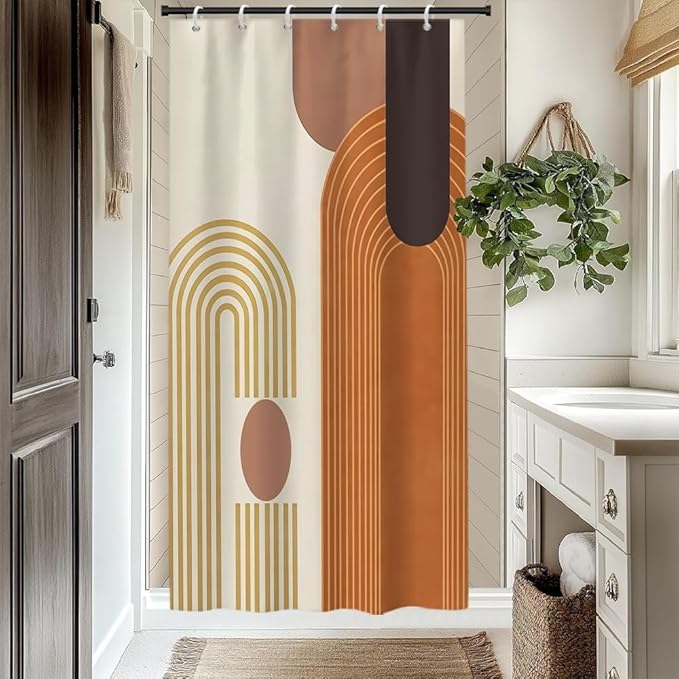 Modern Bohemia Shower Curtain for Bathroom Orange Abstract Minimalist Bathroom Set Decor Stripes Arch Sun Chic Aesthetic Washable Waterproof Polyester Fabric with Hooks 48x72 Inch