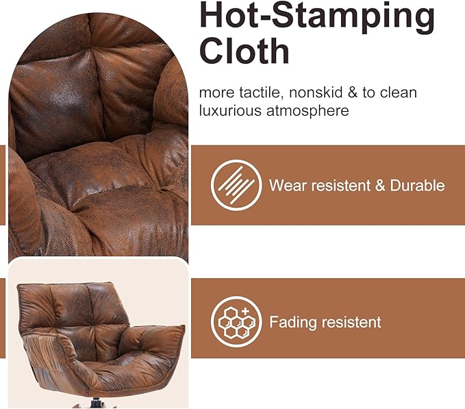 Mid Century Accent Chair, Hot Stamping Cloth Desk Chair no Wheel, Modern Cozy Vanity Chair Advanced & Wear-Resistant with Amrest, Wood Legs for Living Room, Reading Room, Bedroom (Brown)