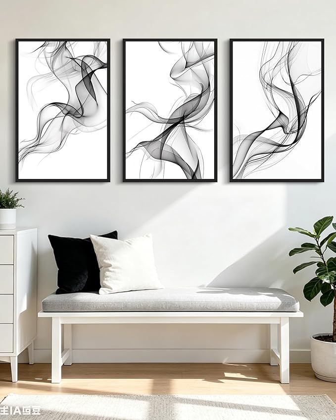 KUVIOKE Black White Abstract Framed Canvas Wall Art Ink Wash Pastel Wall Decor Modern Transparent Fog Illustration Art Painting for Bedroom Dining Room 24x36in (Black Framed)