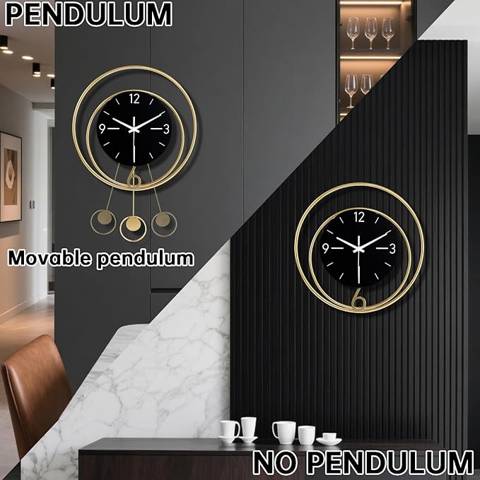 Decorative Wall Clock, Silent Non-Ticking Quality Quartz Battery Operated with Pendulum, Large Wall Clock for Living Room Kitchen Home Bathroom Bedroom Wall Decor, 13x17Inch(Black)