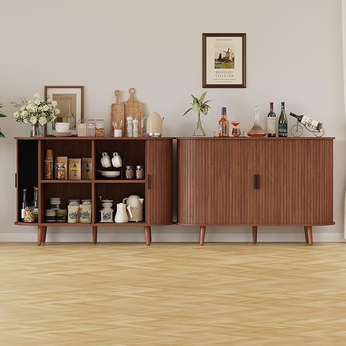 Fluted Sideboard Buffet Cabinet with Sliding Doors, Curved Edge Design for Dining Room Kitchen Living Room, 47" Console Table Credenza with Storage (Walnut)
