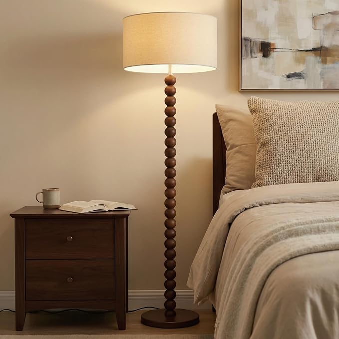 Buruis 61" Beaded Wood Floor Lamp with 17.2" Large Linen Shade, Retro Mid-Century Accent Walnut Finish Standing Lamp for Living Room, Bedroom, Office, Corner, UL Listed, Bulb Not Included, Beige