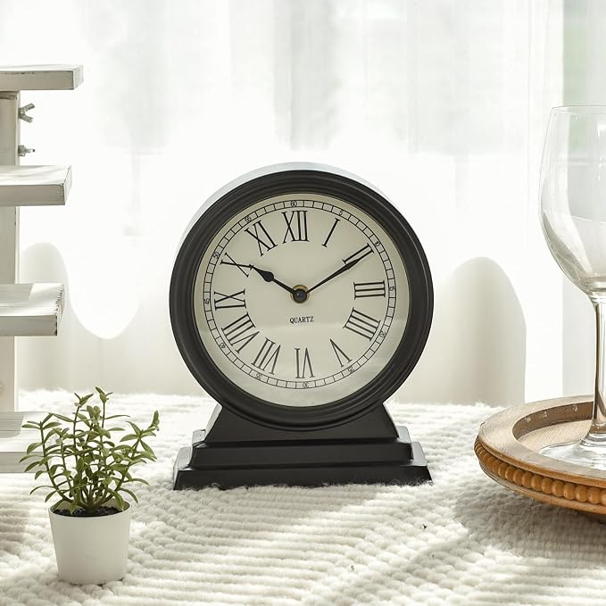 EMAX HOME Black Mantel Clock - Classy Vintage Style Table Clock for Living Room Décor,Silent Non-Ticking Mantel Clocks for Living Room