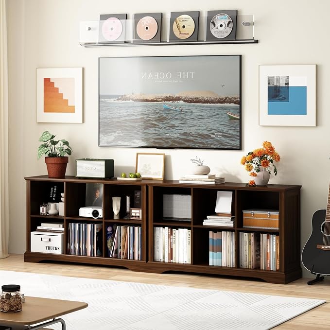 6 Cube Storage Organizer - 47.4" Farmhouse Wood Low Bookshelf, 3 Tier Horizontal Open Shelf Bookcase Cubby Storage Console Cabinet for Living Room, Entryway, Office, Walnut