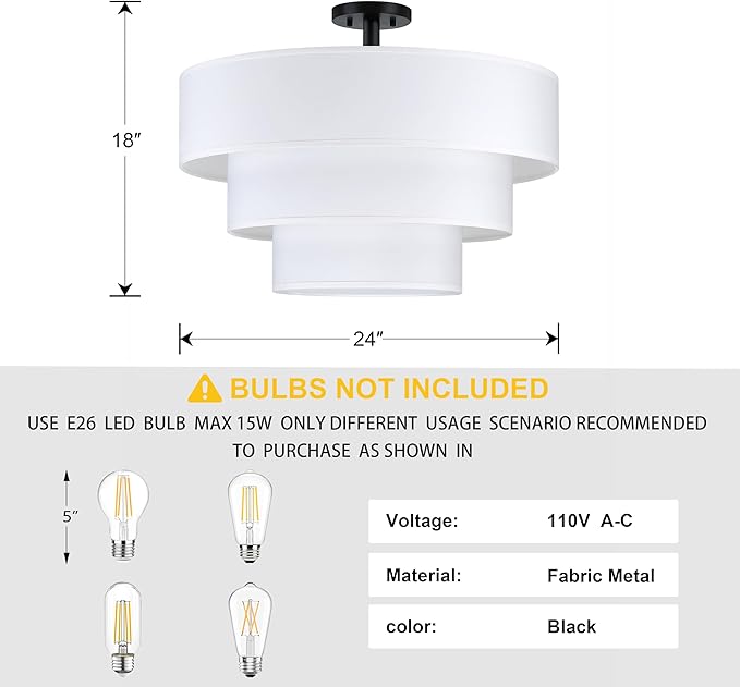 Doraimi Lighting 3 Tier White Drum Fabric Semi Flush Mount Light Modern Farmhouse Decor 7 Light 24 Inch Black Finish for Kitchen Living Room Dining Room Corridor Hallway