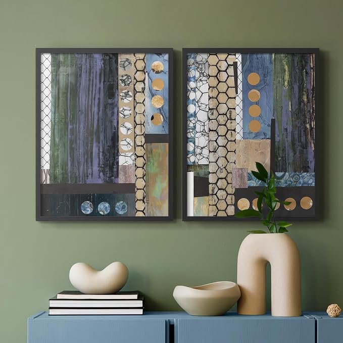 Renditions Gallery Set of 2 Peel & Stick Framed Prints, Geometric Abstract Wall Art, Hexagonal and Circular Pattern Wall Decor, Re-Stickable - Ready to Hang - 11"x14" - Black Frame LT588