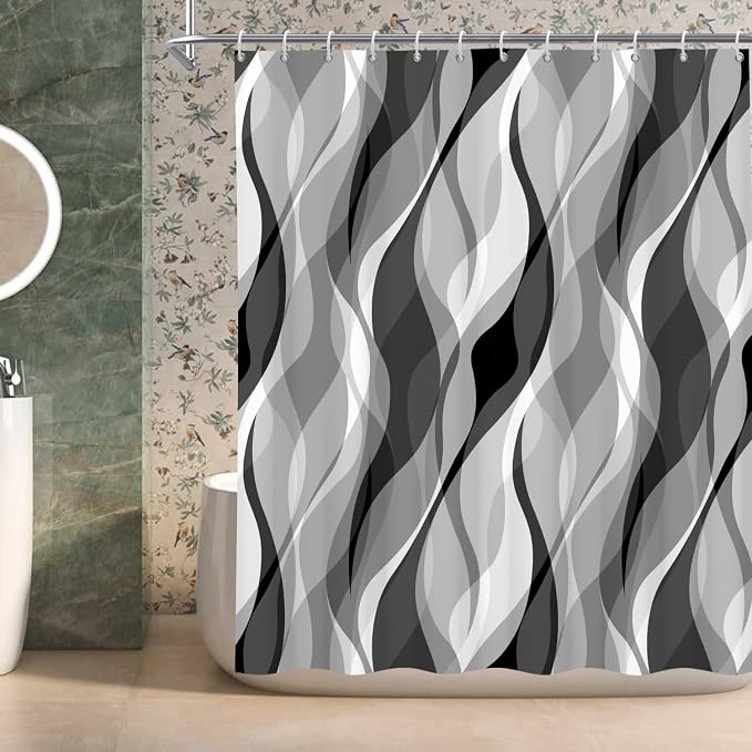 Grey Shower Curtain Black and White Shower Curtains for Bathroom Modern Gray Geometric Abstract Striped Minimalist Polyester Bathroom Curtain Sets Extra Long 72x72 in with 12 Hooks