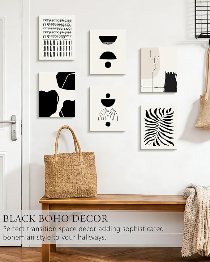 KUVIOKE Black Abstract Framed Wall Art Boho Room Decor Set of 6 Minimalist Geometric Line Art Bohemian Mid Century Modern Prints for Bedroom Living Room 8x10in (Framed)