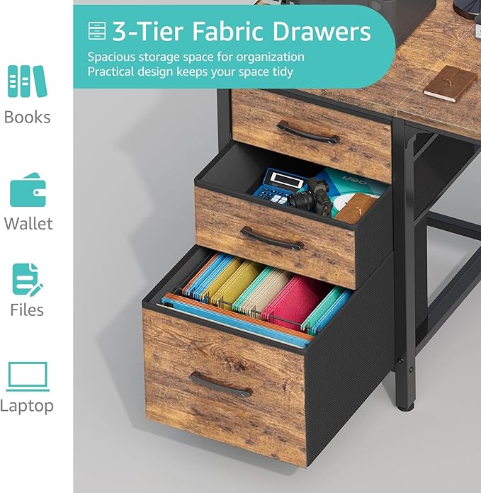 Lufeiya Computer Desk with File Drawers Cabinet, 47 Inch Reversible Home Office Desks with Fabric Filing Cabinet for Small Space, Study Writing Table PC Desks, Rustic Brown