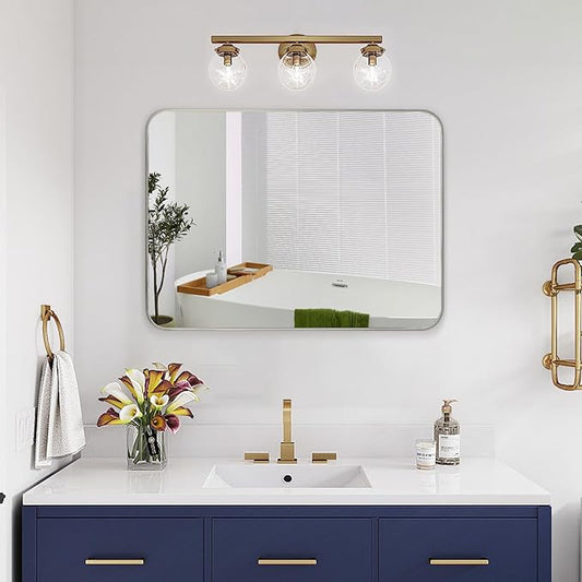 Bathroom Mirror Brushed Nickel, 30 x 36 Inch Metal Frame Rectangle Mirror Rounded Silver Modern Vanity Mirror Anti-Rust for Bathroom, Farmhouse Wall Mounted Vertically/Horizontally