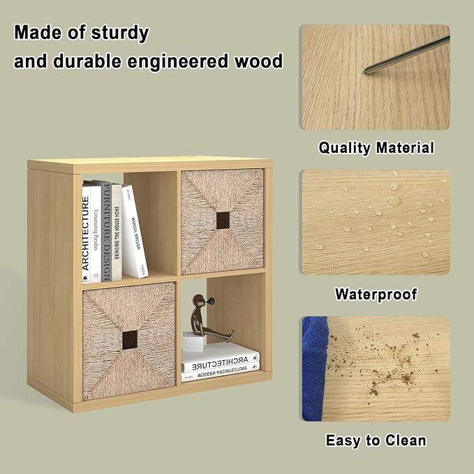 CTESNE【2026 Wooden Thick Frame 4 Cube Storage Organizer Shelf with Anti-Tipping Kits + Reversible Open Back Bookcase, Horizontal and Vertical Dual-use（Oak Color,11inch）