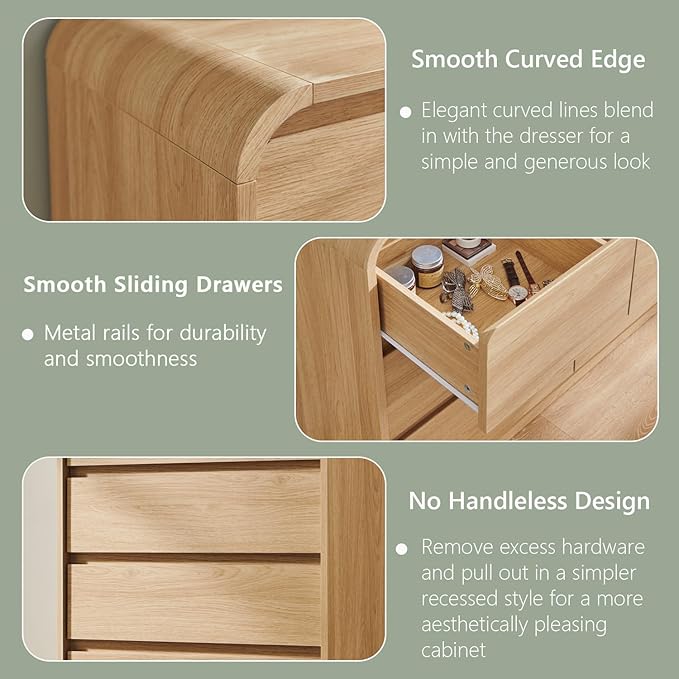 Modern 7 Drawers Dresser for Bedroom, 47" Wide Wood Dressers & Chests of Drawers w/Curved Profile Design, Mid Century Modern Dresser w/Natural Texture for Bedroom, Living Room, Natural Oak