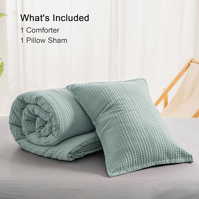 PHF Soft Waffle Comforter Set Twin Size- Comfy Breathable Waffle Weave Comforter with 1 Pillow Shams, 2 Pieces Less Snagging Lightweight Textured Bedding Set for All Season, Dusty Blue