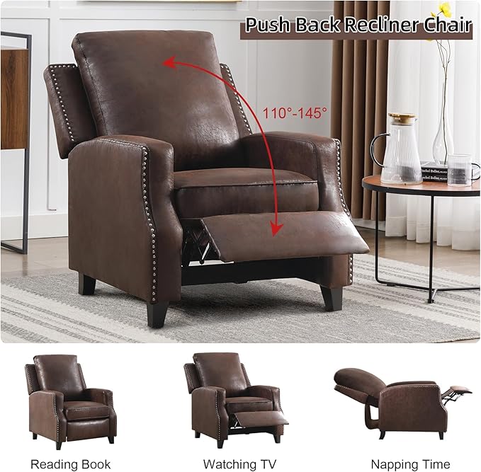Push Back Recliner Chair Faux Leather Pushback Armchair with Rivet Decoration Wingback Single Sofa Chair with Padded Seat Solid Wood Legs for Living Room Set of 2, Reddish Brown