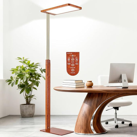 STERREN Vintage Farmhouse Industrial Floor Lamp, 76'' Full Spectrum Eye-Care Height Adjustable Reading Lamp, 2700K-5000K Dimmable Office LED Light for Study Room, Meeting Room, Mahogany