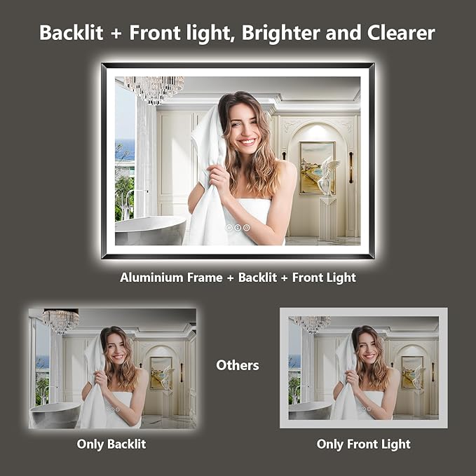 55x30 Black Framed LED Bathroom Mirror with Lights, Backlit and Front Light, Lighted Bathroom Vanity Mirror for Wall Dimmable Anti-Fog Memory Tempered Glass Horizontal/Vertical