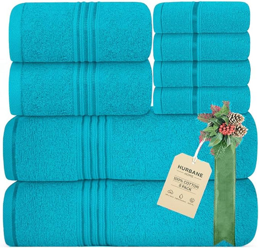 8 Piece Bath Towels for Bathroom - 100% Cotton, Soft Absorbent Bathroom Towels Set - 2 Extra Large Bath Towels, 2 Hand Towels & 4 Washcloths - Hotel Spa Thick Plush Towel, Turquoise