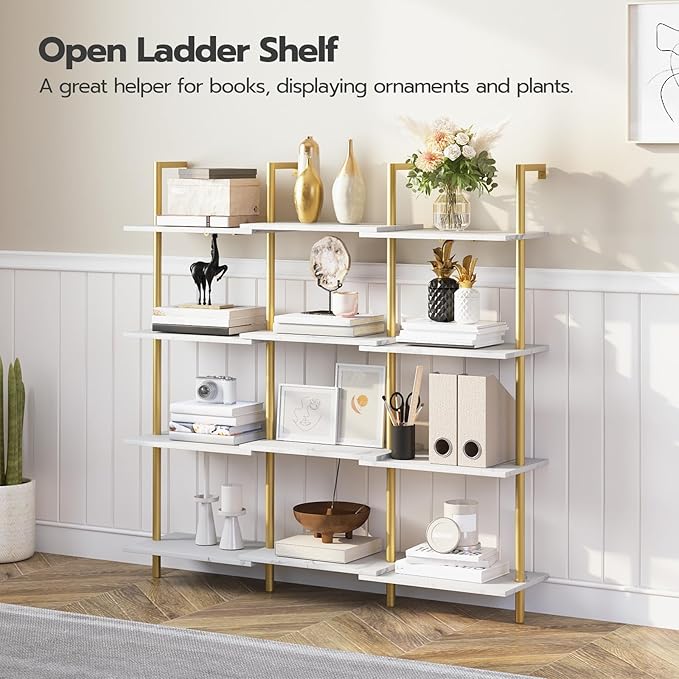 HOOBRO DIY Ladder Shelf, 6-Tier Wooden Wall Mounted Bookshelf, Narrow Gold Bookcase, Display Shelf, Storage Rack, Plant Stand, for Living Room, Bedroom, Study, Balcony, Marble and Gold DM651CJ01