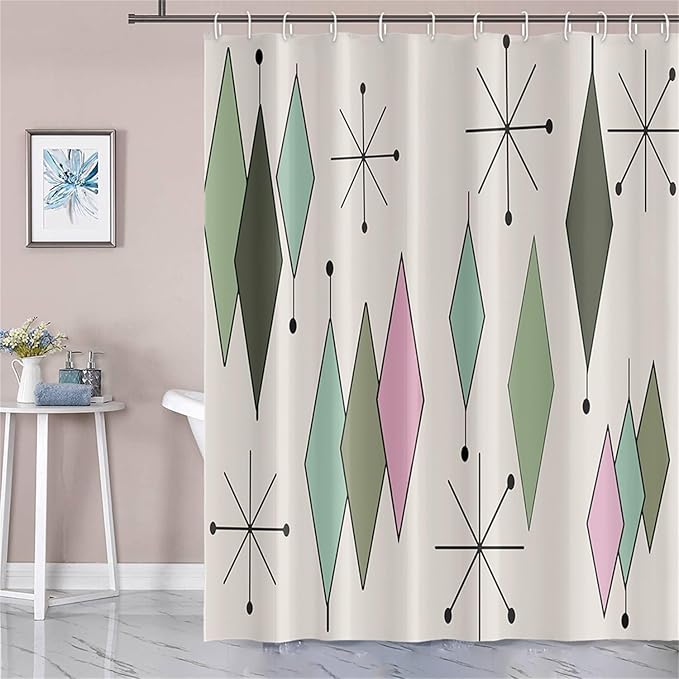 Mid Century Shower Curtain Modern Abstract Green Pink Diamond Geometric Atomic Starburst Pattern for 1950s Retro Bathroom Decor Accessories Shower Curtain Set with 12 Hooks, 72x78 Inches