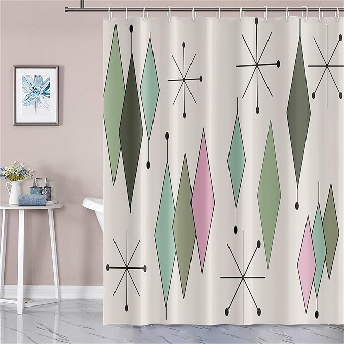 Mid Century Shower Curtain Modern Abstract Green Pink Diamond Geometric Atomic Starburst Pattern for 1950s Retro Bathroom Decor Accessories Shower Curtain Set with 12 Hooks, 72x72 Inches