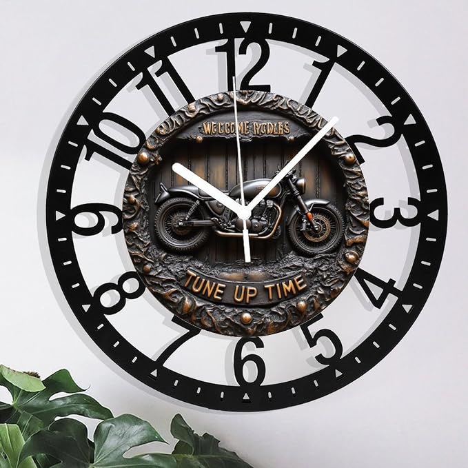 Metal Wall Clock for Living Room -10" Motorcycle Wall Decor Garage Art Vintage Bike Silent Non Ticking,Battery Operated, Antique Wood Clocks for Farmhouse,Dining Room,Bedroom,Kitchen Clock Wall Decor-