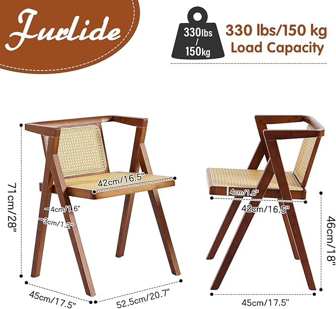 Furlide Rattan Dining Chairs Set of 2, Mid-Century Accent Armchair, Wicker Chair, Outdoor Bamboo Chair for Dining Room, Living Room, Bedroom, Kitchen, Walnut