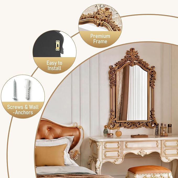 Large Retro Gold Mirror for Wall Decor 30"x47" Vanity Antique Baroque Ornate Wall Mirrors Victorian Arched Mirror for Bathroom, Living Room, Entryway, Fireplace, Bedroom